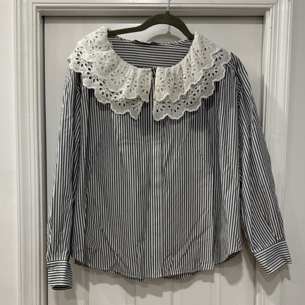 Zara Black and White Striped Blouse with Lace Collar